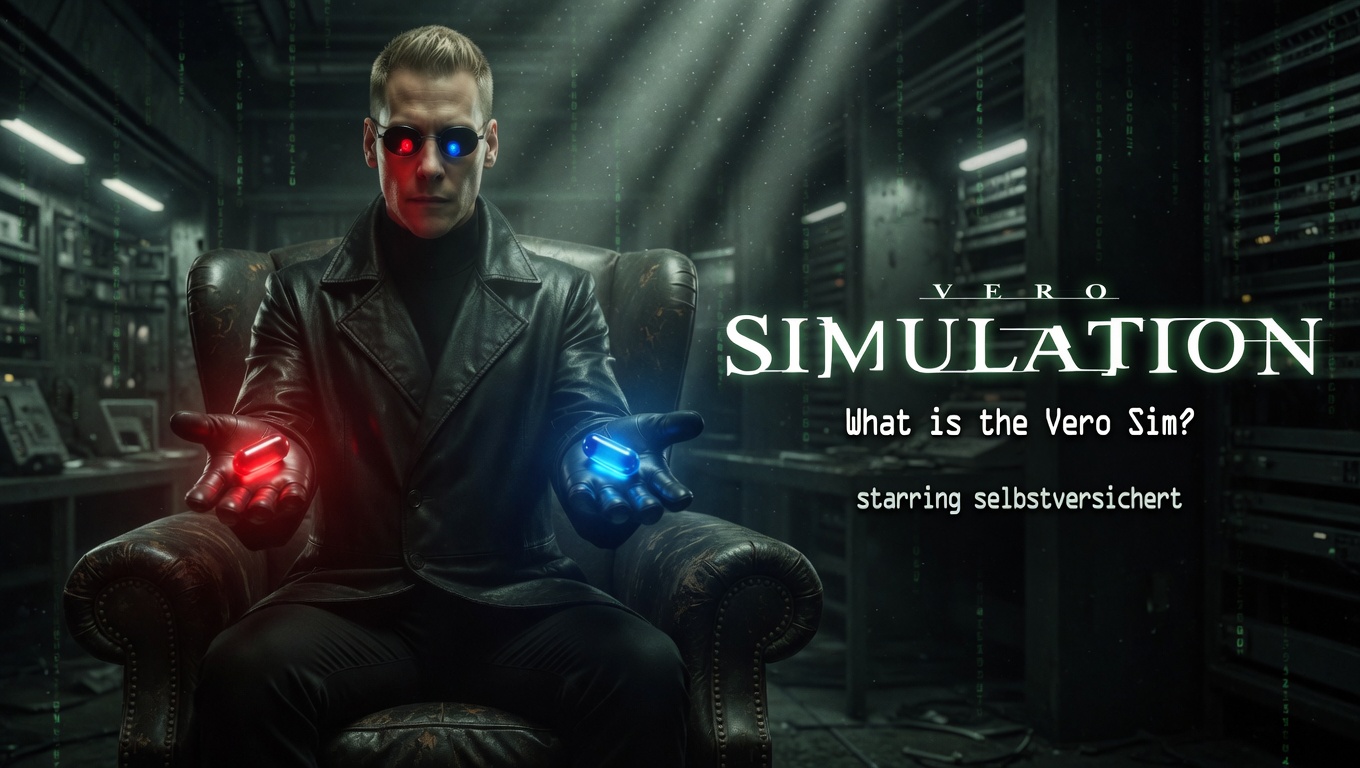 VERO Simulation Hero — Mann im Ledermantel mit roter und blauer Pille